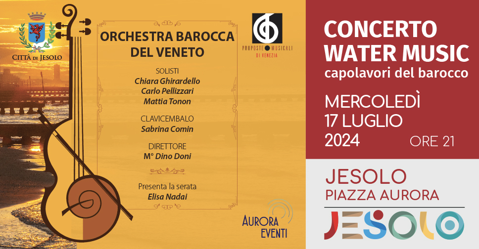 Water music concerto sinfonico dal barocco al pop a Jesolo il 17 luglio immagine violino stilizzato e Arenile di Jesolo