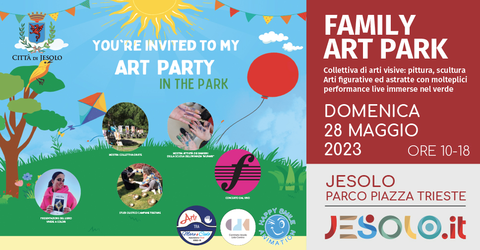 Family Art Park: una collettiva di arti visive e di sculture, figurative ed astratte, con numerose performance live al parco di piazza Trieste il 28 maggio dalle 10 alle 18. Immagine di un parco verde, cielo azzurro festoni di diversi colori e un aquilone rosso giallo blu azzurro. Un uccellino giallo sull'albero verde