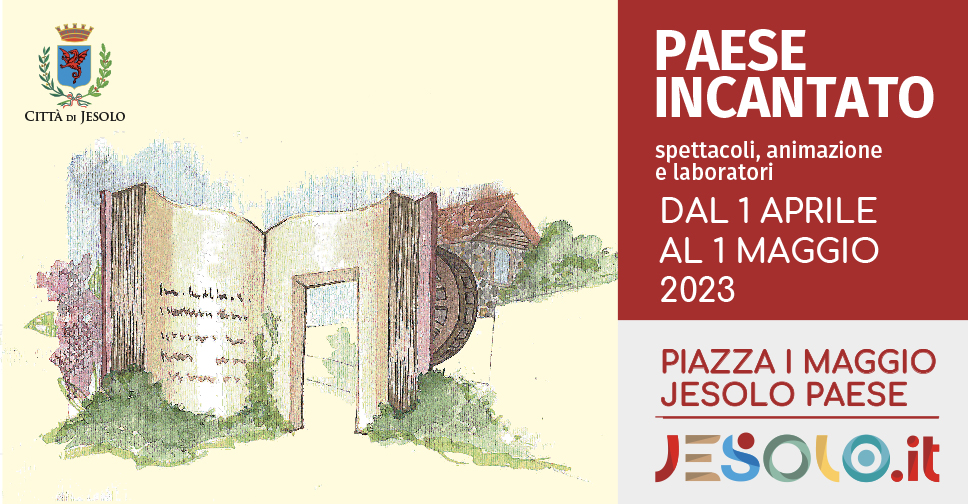  Paese incantato. spettacoli animazione e laboratori a Jesolo paese dal 1 aprile al 1 maggio 2023.. Immagine di un magico portale a forma di libro delle favole