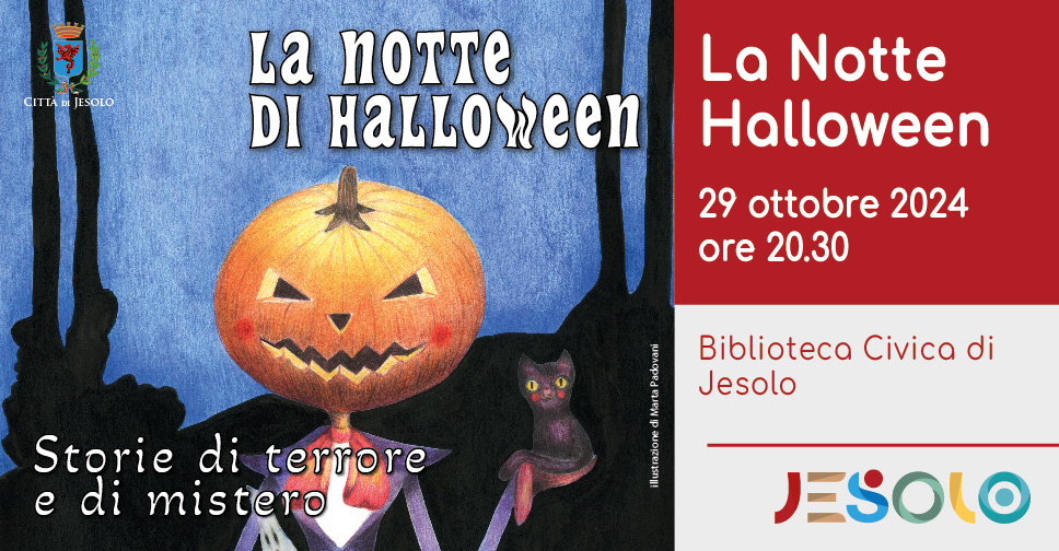 La notte di Halloween in Biblioteca Civica a Jesolo il 29 ottobre alle ore 20.30. Immagine di una zucca intagliata con occhi bocca e naso, con un gattino nero