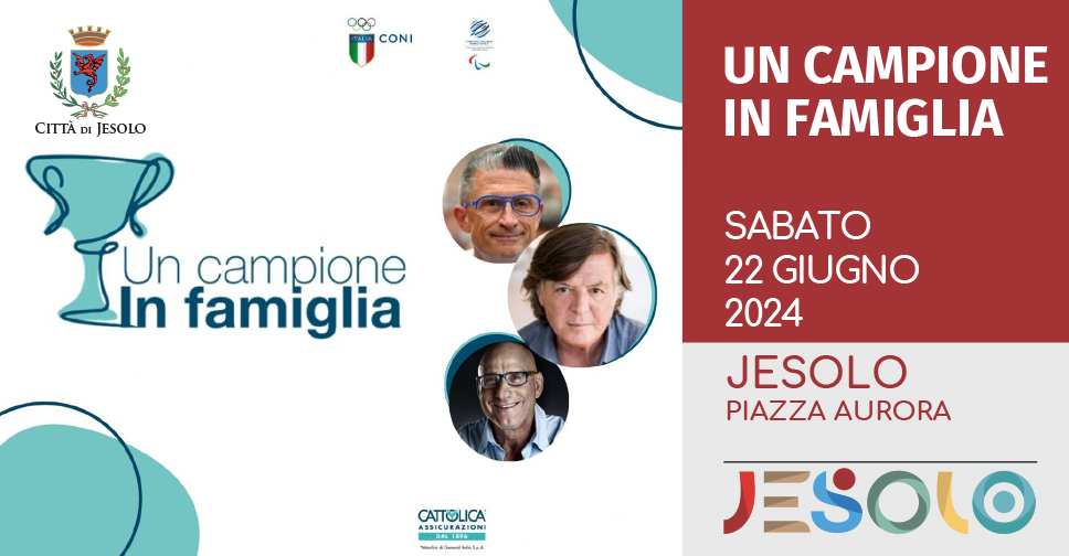 un campione di famiglia, in piazza Aurora a Jesolo sabato 22 giugno 2024 scritta in verde petrolio su fondo bianco, con volti di Adriano Panatta, Ciccio Graziani e Andrea Lucchetta