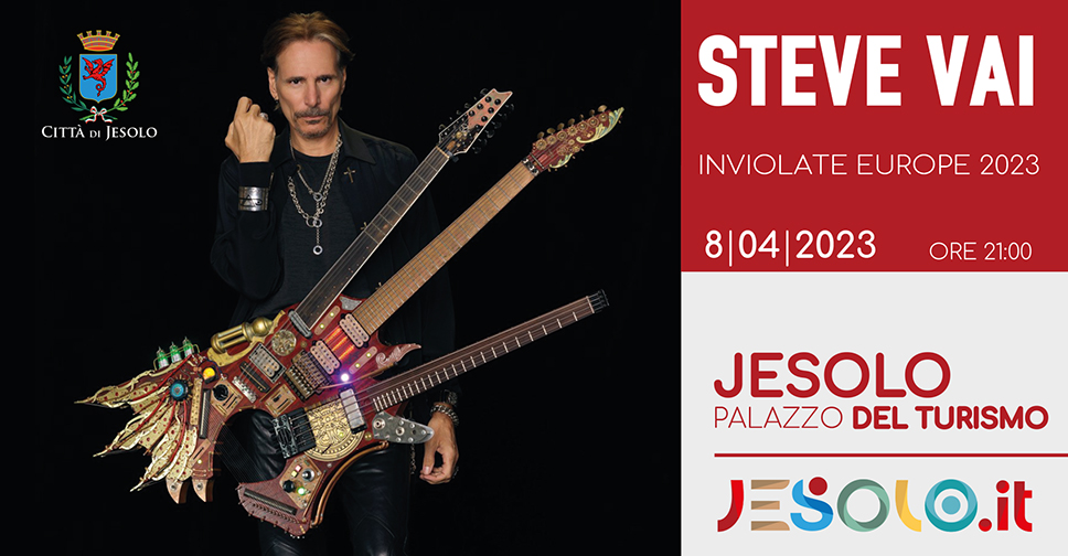 Concerto Steve Vai a Jesolo - immagine del chitarrista con tre chitarre su sfondo nero