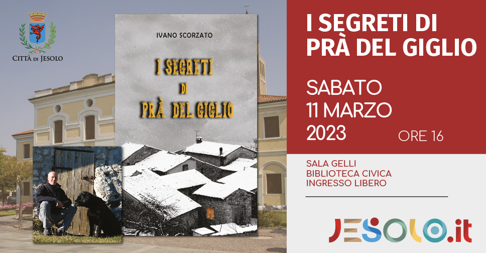 Presentazione del libro "I segreti di Prà del Giglio" a Jesolo - Immagine della copertina del libro e foto della biblioteca sullo sfondo