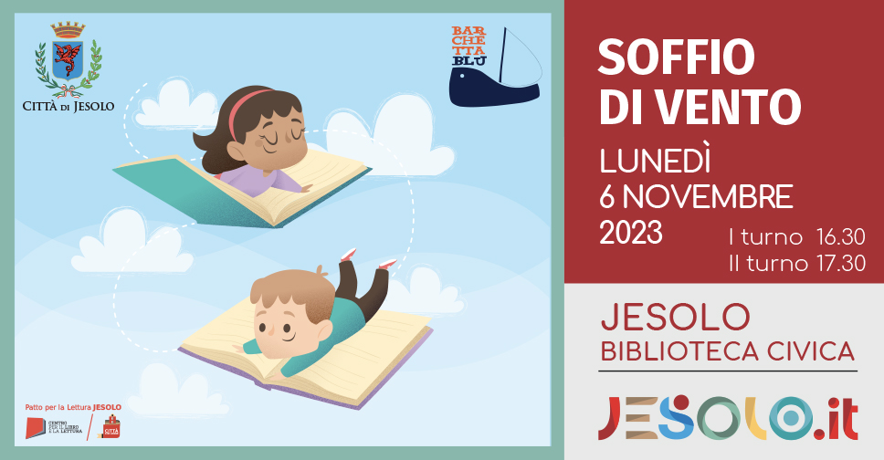 Soffio di Vento- letture per bambini e bambine della fascia d'età 1-3 anni, Biblioteca Civica di Jesolo, 6 novembre. Immagine  stilizzata di un bimbo e una bimba che volano su due libri nel cielo azzurro con le nuvolette bianche