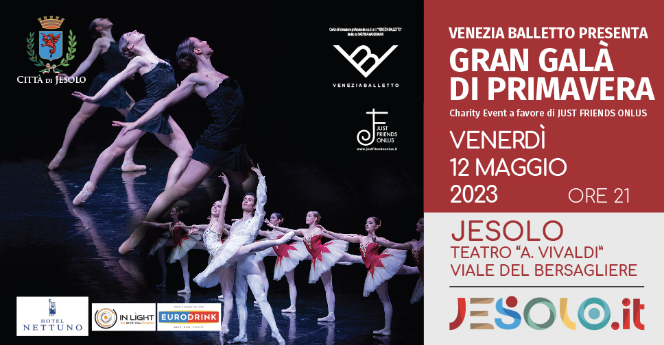 Gran Galà di Primavera: charity event con Venezia Balletto. Al teatro Vivaldi di Jesolo il 12 maggio 2023 alle ore 21. Sul fondo  immagine di ballerine con scarpette da punta, tutù bianco e corsetto rosso, altre ballerine con costume nero corto, in primo piano una coppia ballerino e ballerina in bianco