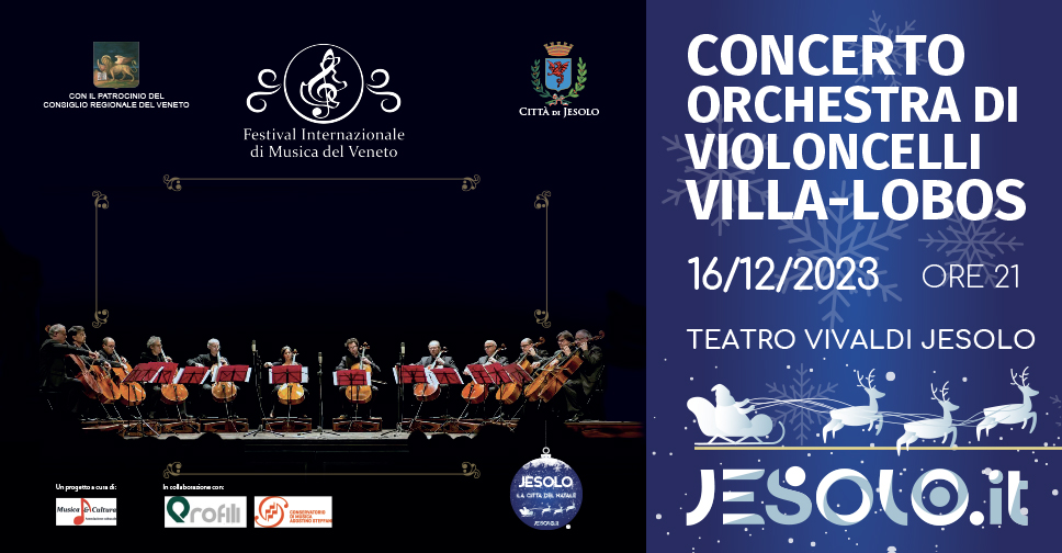 Concerto Orchestra di violoncelli Villa-Lobos al teatro Vivaldi di Jesolo il 16 dicembre 2023. Immagine dell'orchestra con 12 violoncellisti disposti a semicerchio su un palco, fondo nero, leggii con spartiti su cartellina rossa