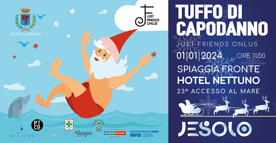 Tuffo di Capodanno 2024 a Jesolo per Just Friends Onlus: immagine di Babbo Natale in costume che si tuffa in mare