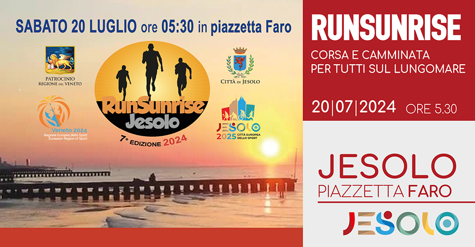 RunSunrise 2024 Jesolo -immagine di un alba in riva al mare e il logo Run Sunrise Jesolo