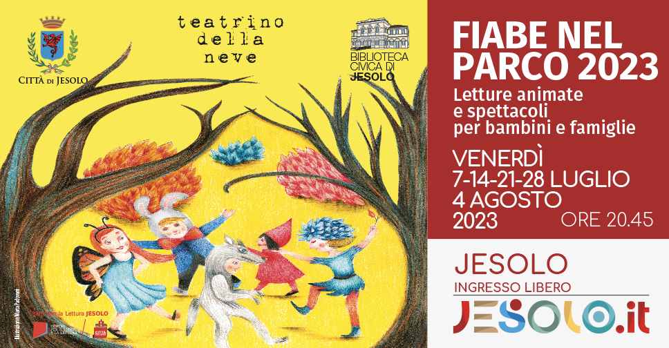 Fiabe nel parco Jesolo estate 2023: immagini di bambini su sfondo giallo