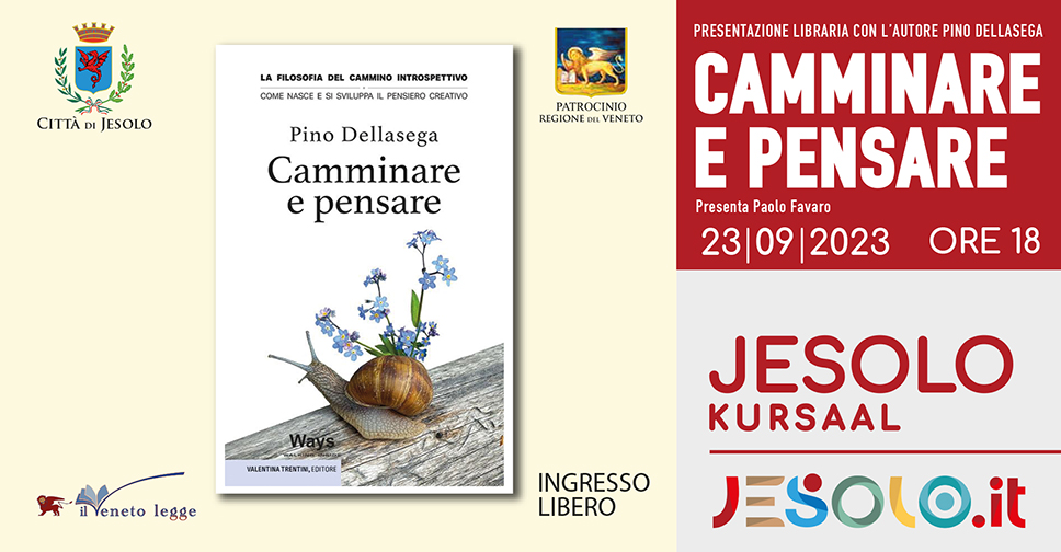 Camminare e pensare presentazione del libro di Pino Dellasega per Veneto legge. Kursaal di Jesolo, 23 settembre 2023 h 18. Immagine di una lumaca con alcuni fiori di non ti scordar di me che escono dalla chiocciola.