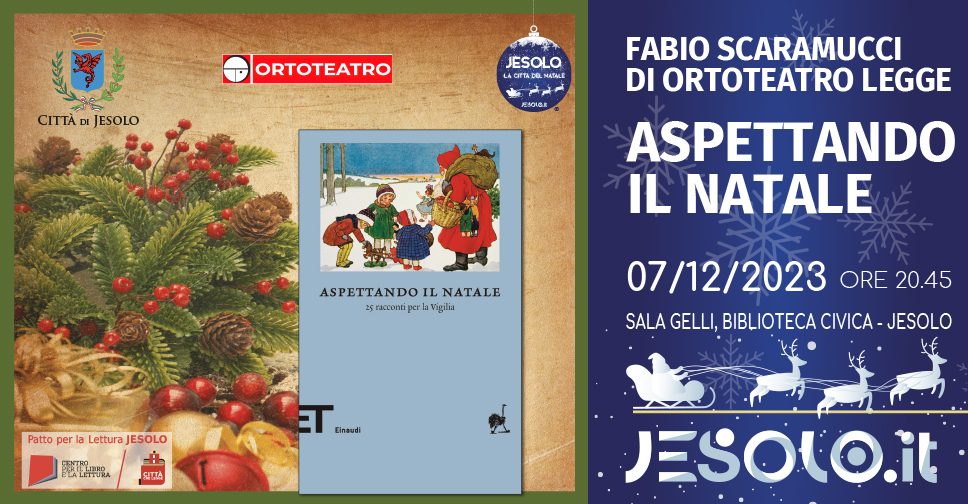 Reading letterario "Aspettando il Natale". Immagine del libro azzurro con bambini e babbo natale. Sullo sfondo decorazioni natalizie