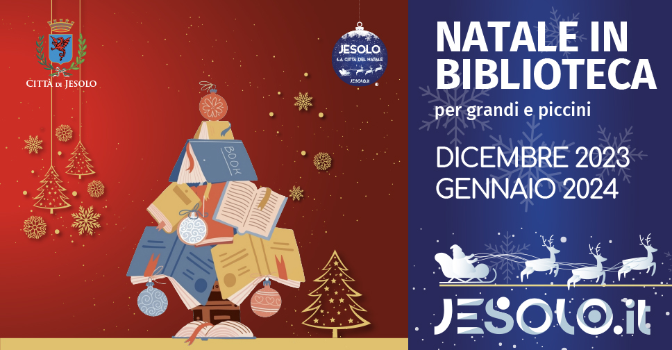 Natale in biblioteca - immagine di un albero di natale composto da libri