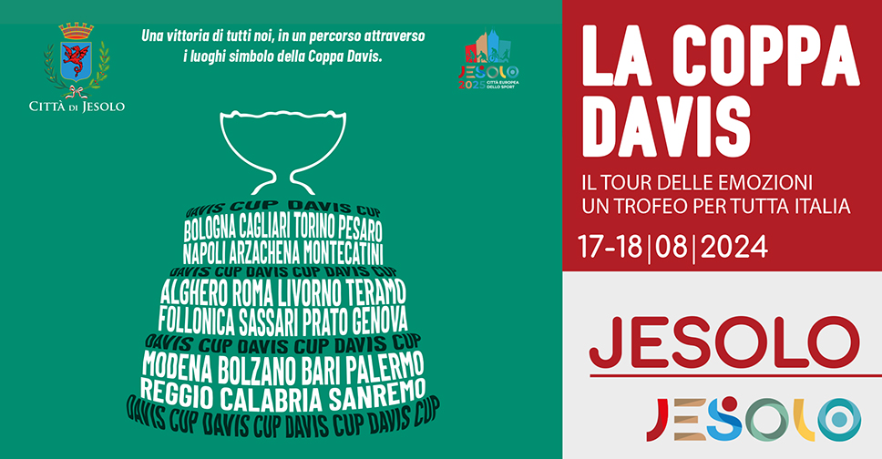 coppa davis a jesolo 16-18 agosto 2024- immagine della coppa con scritte città, sfondo verde