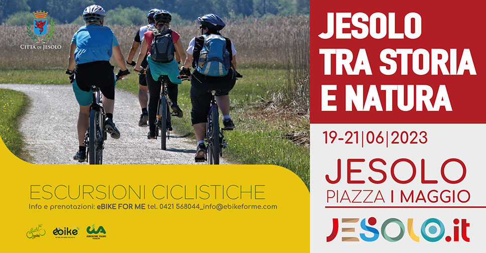 Jesolo tra Storia e Natura, escursioni ciclistiche 2023. immagini di 4 ciclisti su strada verde.