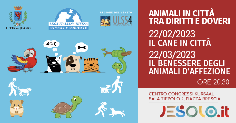 Animali in città tra diritti e doveri - serate informative a Jesolo il 22 febbraio e 22 marzo 2023 Kursaal. immagine di cani gatti pappagallo tartaruga su fondo celeste