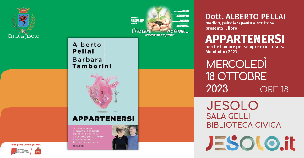 Alberto Pellai e barbara Tamborini, Appartenersi . Presentazione libraria presso la Biblioteca di Jesolo, il 18 ottobre alle ore 18. Immagine della copertina del libro, con titolo e autori in nero su fondo celeste. Al centro un cuore con disegnata una serratura e una chiave di lato