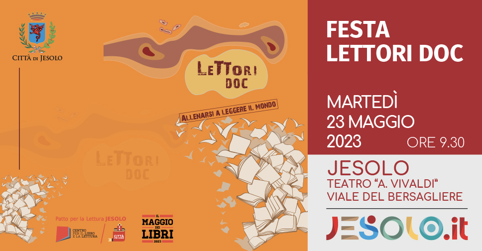 Lettori Doc: evento conclusivo: 23 maggio 2023 Jesolo. Immagine con sfondo arancione con stormo di libri che prendono il volo