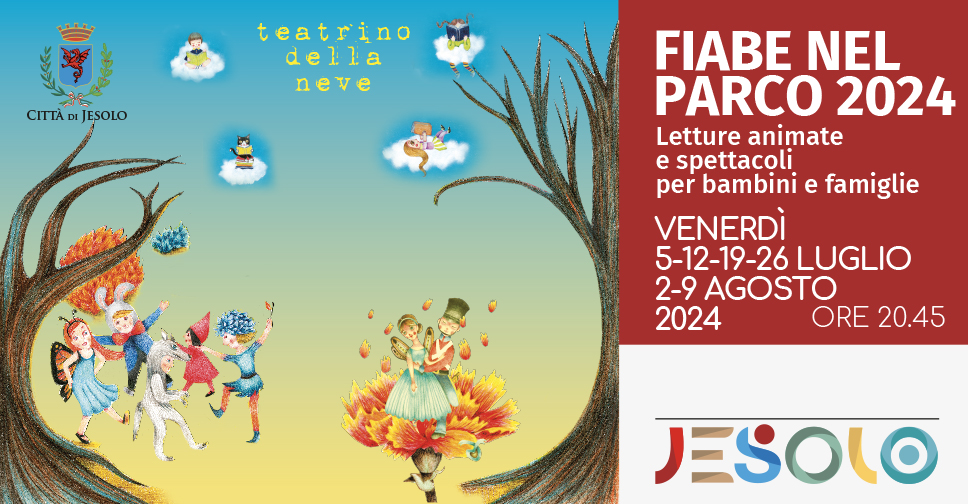 Fiabe nel parco Jesolo estate 2024: Fiabe nel parco Jesolo estate 2024: immagini di folletti gioiosi su sfondo giallo e cielo azzurro con nuvolette bianche con personaggi sdraiati mentre leggono