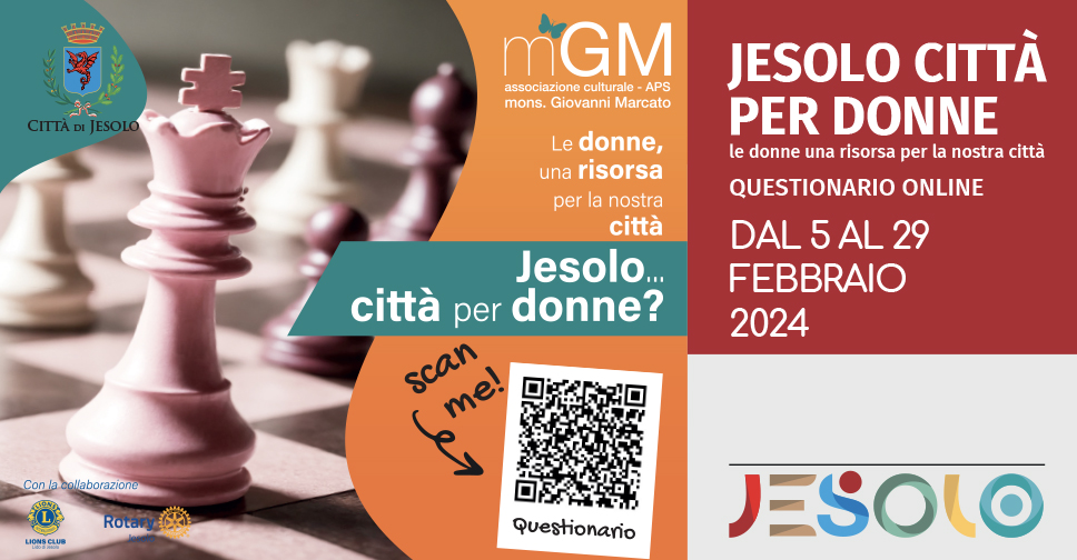 Jesolo città per donne, questionario online dal 5 al 29 febbraio 2024. Immagine di una scacchiera e qr 