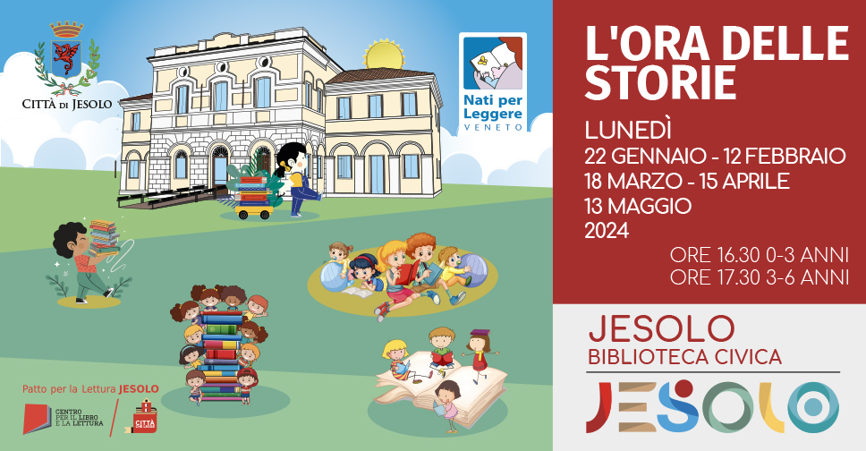 l'ora delle storie a jesolo. disegno di bambini con libri e biblioteca 