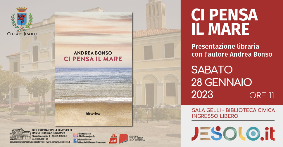 Presentazione del libro "Ci pensa al mare" a Jesolo - Immagine della copertina del libro e foto della biblioteca sullo sfondo