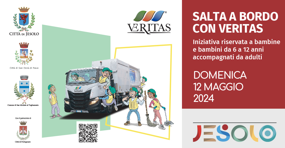 salta a bordo con veritas domenica 12 maggio 2024 a Jesolo - immagine camion veritas ed operatori