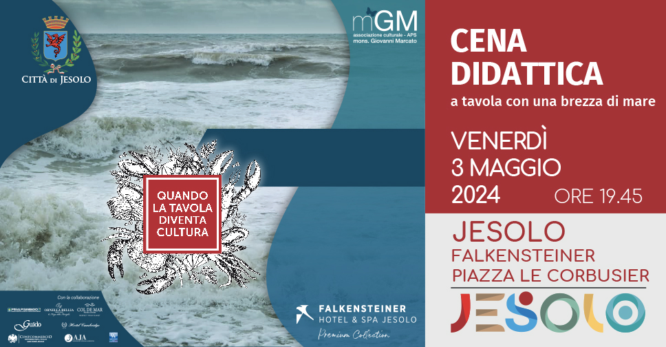 Cena didattica a tavola con una brezza di mare 3 maggio a Jesolo - Falkensteiner. Onde del mare con in primo piano riquadro rosso con scritta bianca maiuscolo QUANDO LA TAVOLA DIVENTA CULTURA su immagine stilizzata di granchi