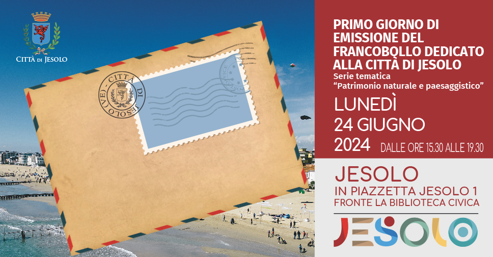 Primo giorno di emissione del francobollo dedicato alla città di Jesolo lunedì 24 giugno 2024 - immagine cartolina con sfondo spiaggia di jesolo