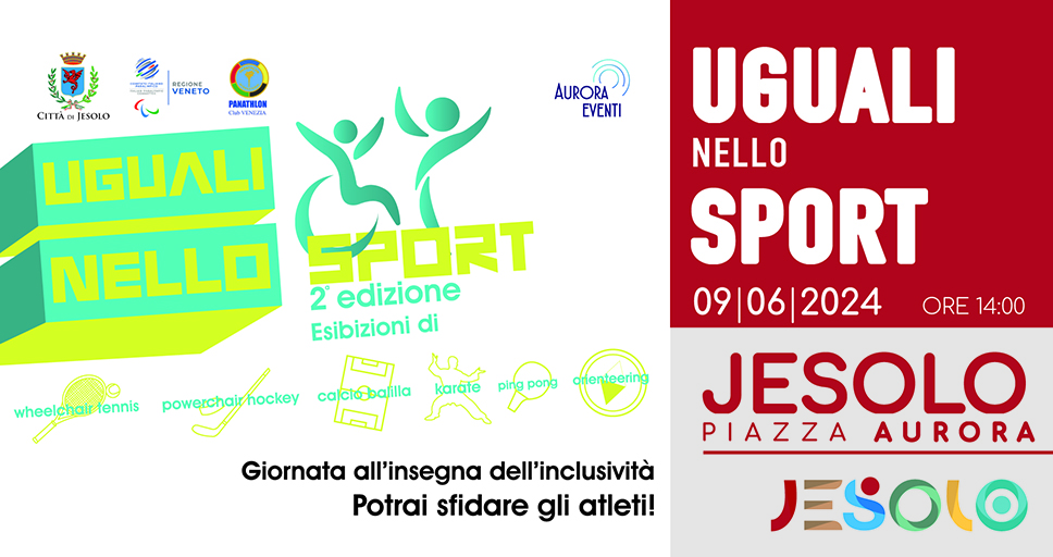 Uguali nello sport giornata dedicata ad esibizioni di powerchair hockey, calcio balilla, karate, ping pong, orienteering Immagine di atleti stilizzati, colore verde brillante, e scritta UGUALI NELLO SPORT colore giallo chiaro