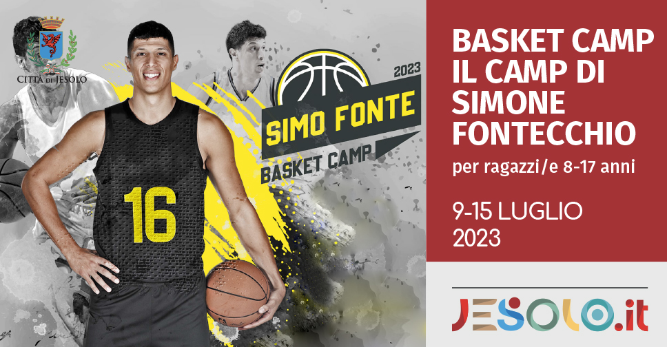 Simo Fonte basket camp 2023 Jesolo. Foto del campione con una palla da basket in mano