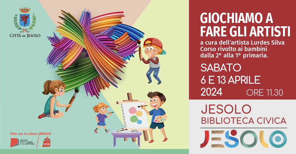 giochiamo a fare gli artisti con Lurdes Silva, per bambini di 1^ e 2^ primaria, il 6 e 13 aprile presso la Biblioteca Civica di Jesolo. Immagine di bambini con pennelli tela e tavolozza 