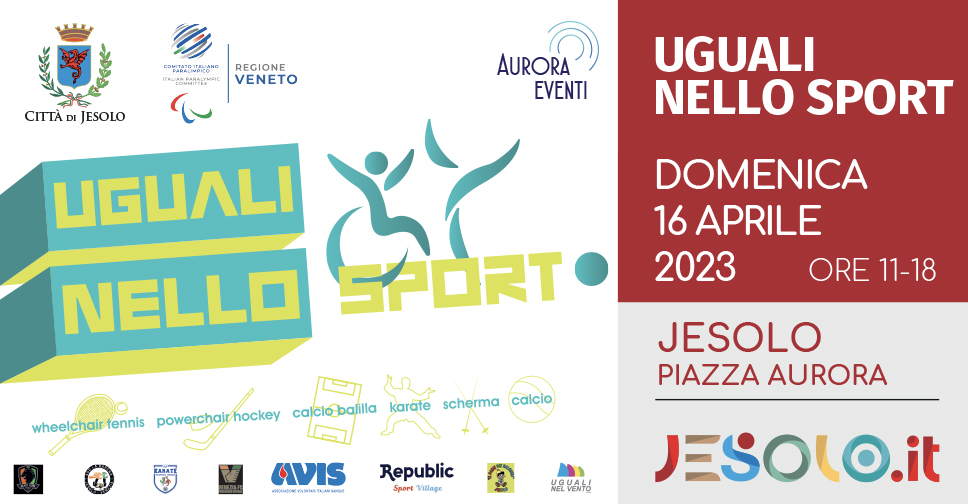 Uguali nello sport giornata dedicata ad esibizioni di wheelchair tennis, powerchair hockey, calcio balilla, karate, scherma. Immagine di atleti stilizzati, colre azurro. e scritta UGUALI NELLO SPORT colore giallo chiaro