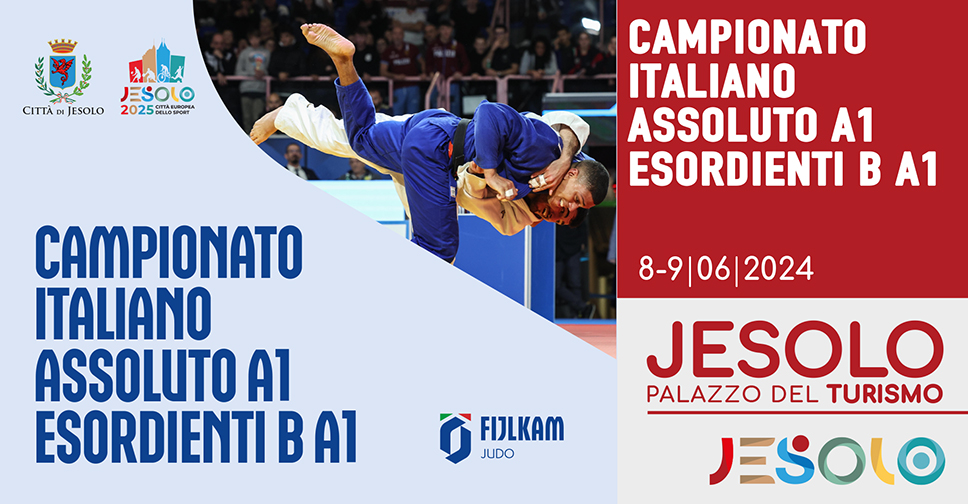 Campionato italiano di Judo assoluto A1esordienti B A1 , 8 e 9 giugno, al palazzo del Turismo di Jesolo. Nell'immagine, un momento del combattimento, un atleta in kimono blu e uno in kimono bianco 