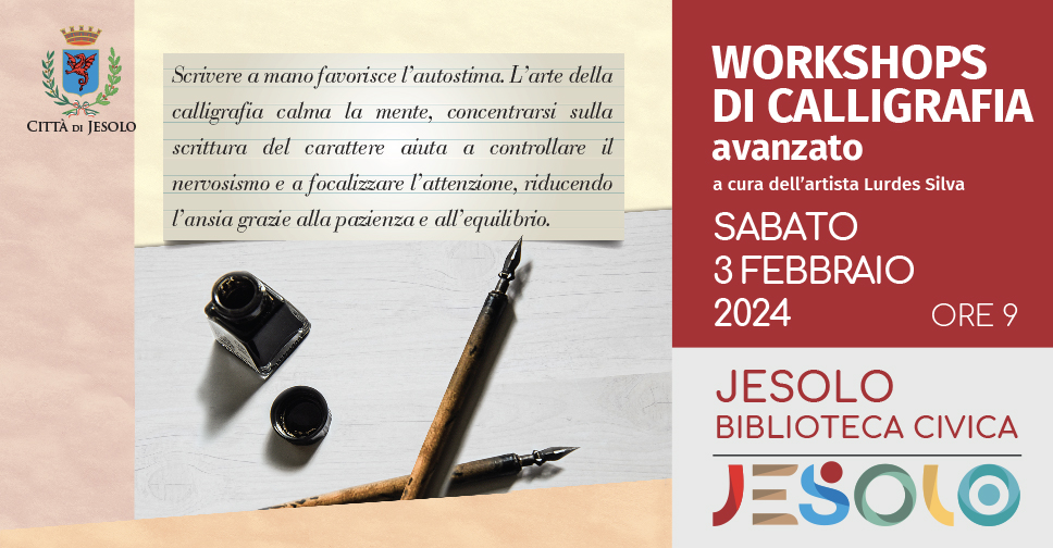 Workshop di calligrafia - livello avanzato sabato 3 febbraio 2024 - immagine calamaio e pennino con frase in corsivo