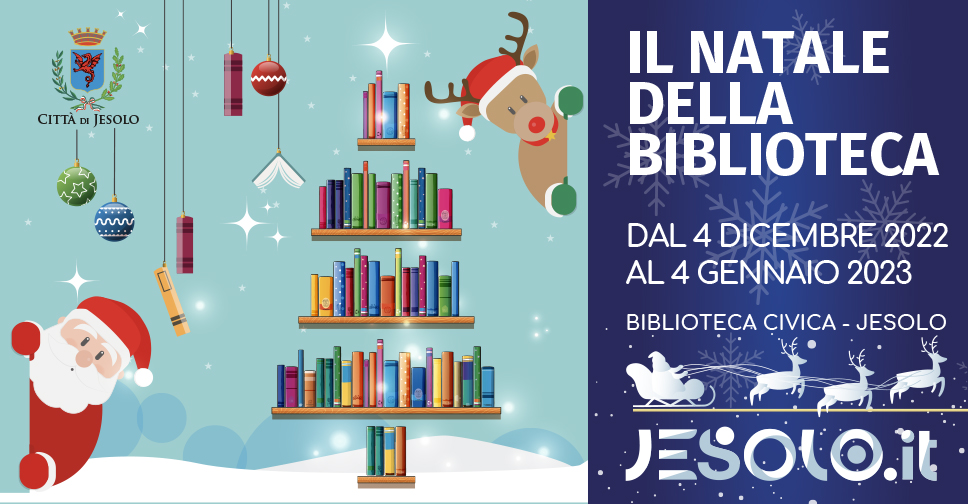 Natale in biblioteca a jesolo. disegno albero di natale fatto con libri, babbo natale e renna