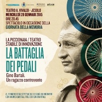 locandina con immagine di Gino Bartali e ruote di bicicletta