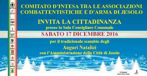 Sabato 17 dicembre 2016 alle 16.45 in Sala Consiglio del Comune di Jesolo si rinnova il tradizionale appuntamento con lo scambio d'auguri con Asssoarma