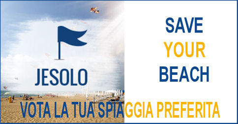 scritta Jesolo Save your beach in blu e giallo