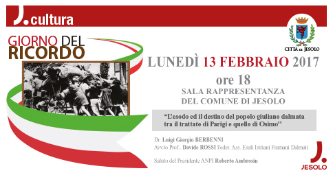 alle ore 18 in Sala Rappresentanza (Municipio II piano) è prevista una conferenza sulla tragedia dell'esodo giuliano dalmata  “L’esodo ed il destino del popolo giuliano dalmata tra il trattato di Parigi e quello di Osimo” 