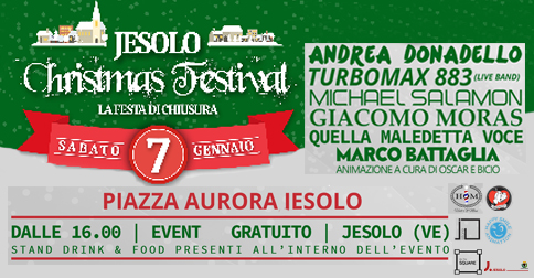 Sabato 7 gennaio 2017 dalle 16 in piazza Aurora si celebra la chiusura dello Jesolo Christmas Village con tanti nomi con tante proposte